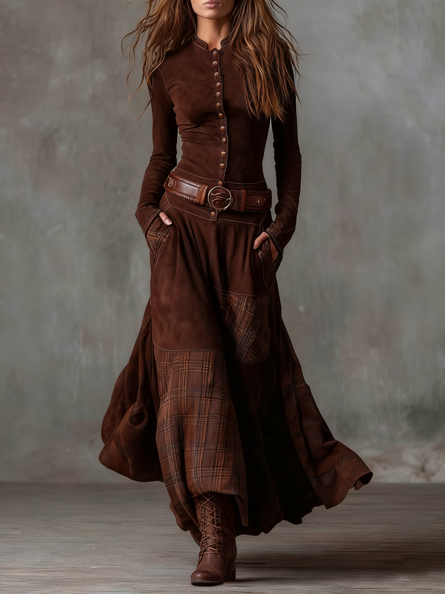 Azucena | Vestido maxi de ante con cinturón