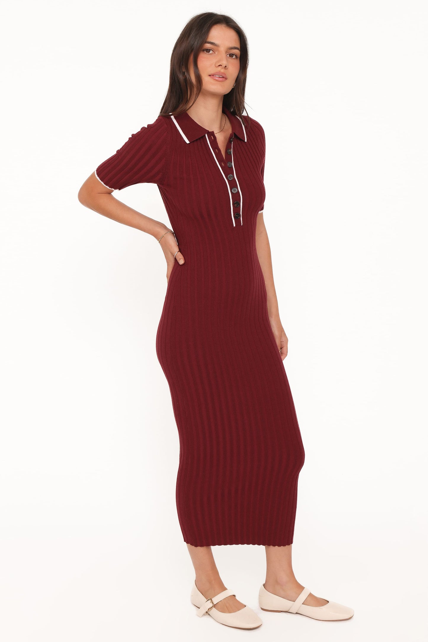 Conner | Vestido Tejido Bodycon Manga Corta - Borgoña
